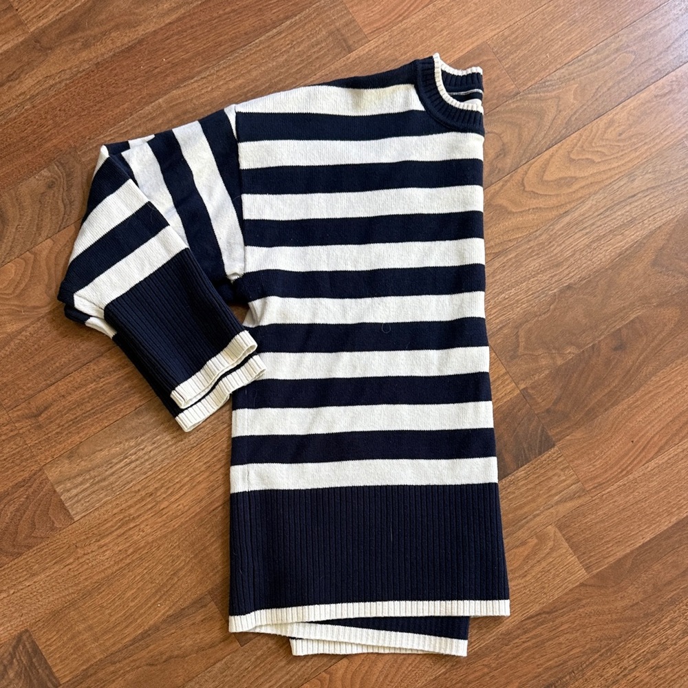 LOFT Navy and White Striped Crewneck Sweater